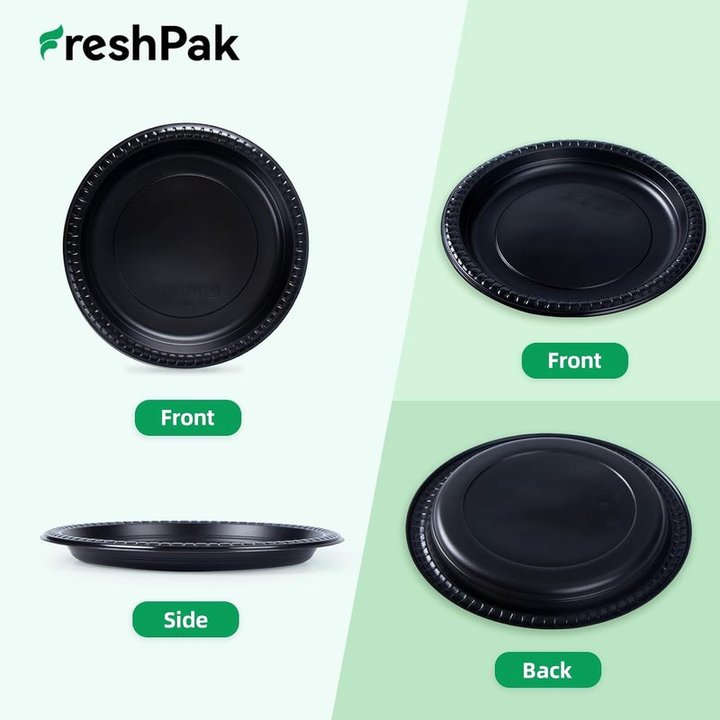 FRESHPAK Reusable Plastic Plates 9 inch Black Dinner Plate Heavy Duty Microwave Safe Trays BPA Free Convenience MFPP Party Tray - Image 3