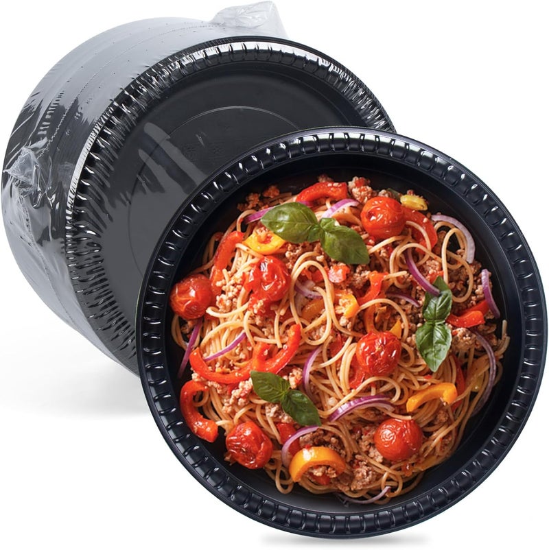 FRESHPAK Reusable Plastic Plates 9 inch Black Dinner Plate Heavy Duty Microwave Safe Trays BPA Free Convenience MFPP Party Tray - Image 1