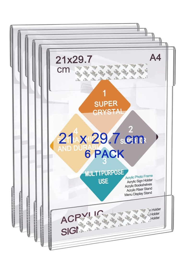 Slasa SLASA A4 Wall Acrylic Sign Holder, 6pcs Perspex Wall Poster Display Holder with 3M Tape – No Drilling Required – Document, Memo, Menu Display Frame for Office, Home, Store, Restaurant - Image 1