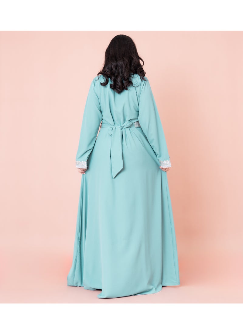 IKKXA Solid Embroidery Belted 2-Piece Kaftan IN8436 Turquoise  - Image 4