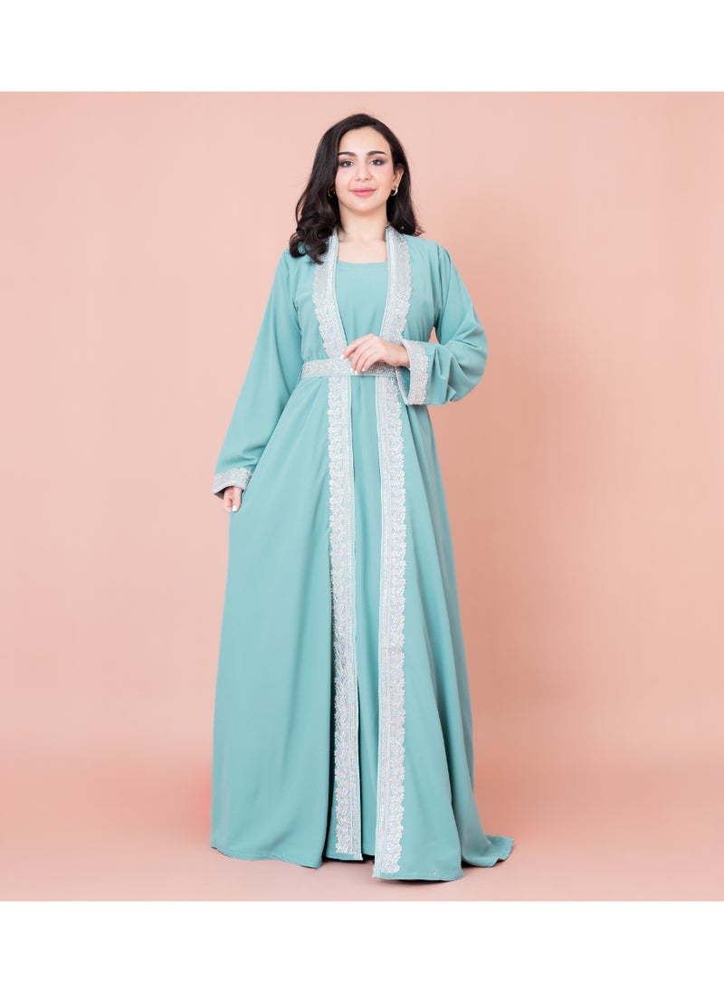 IKKXA Solid Embroidery Belted 2-Piece Kaftan IN8436 Turquoise  - Image 1