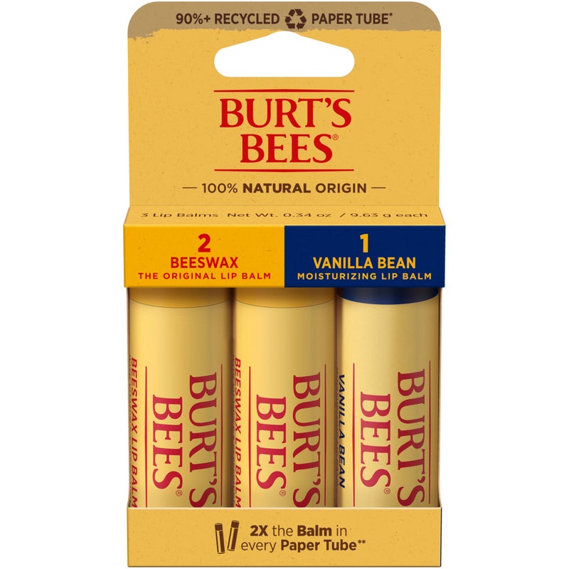 Burt's Bees Moisturizing Lip Balm, 2 Original Beeswax and 1 Vanilla Bean, 100% Natural Origin, 0.34 Ounce Each, 3 Paper Tubes, Pack May Vary - Image 1