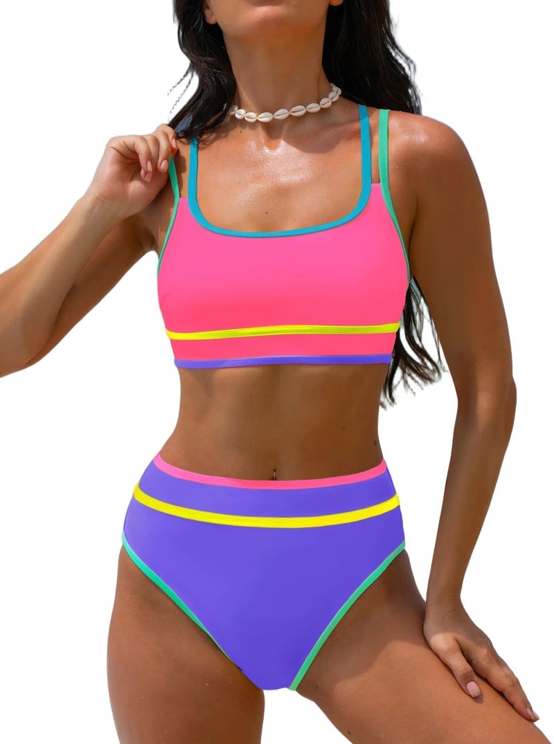 popvil Women's High Waisted Bikini Sets Neon Two Piece 2026 Swimsuit Sporty Adjustable Straps Modest Bathing Suit Ladies Beach Summer Pink&Purple - Image 1