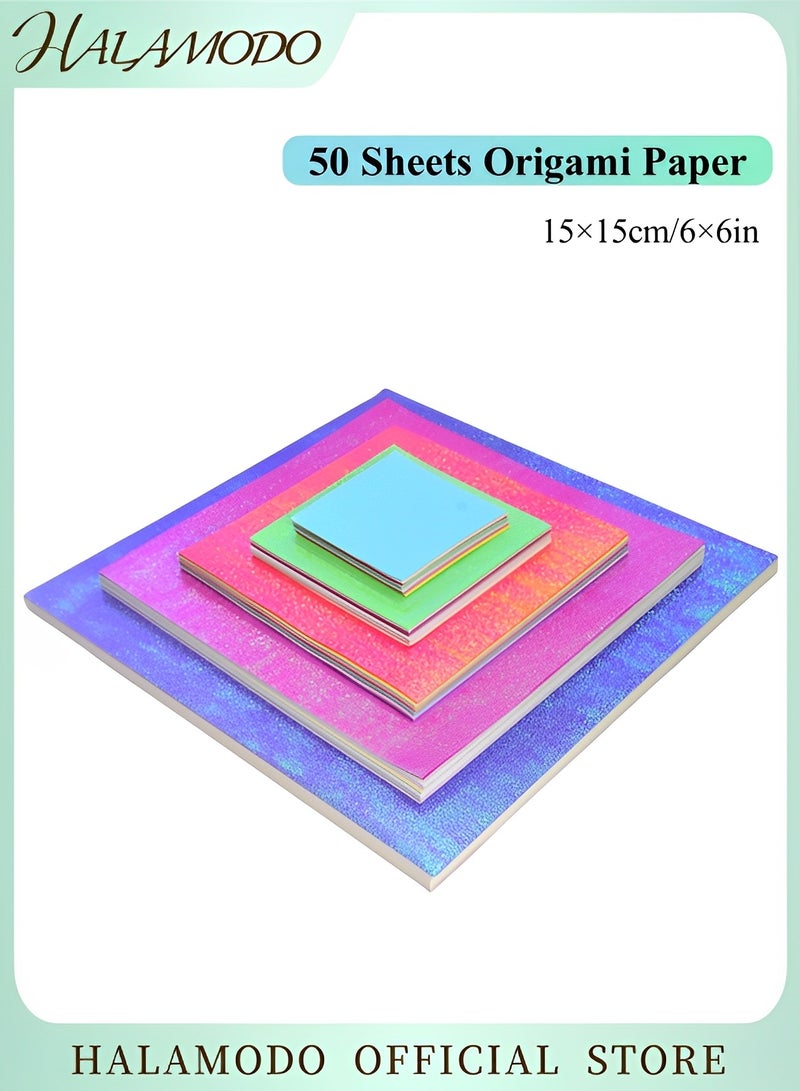 HALAMODO 50 Sheets Origami Paper 10 Colors Shiny Origami Paper Square Iridescent Paper Origami Paper Decoration Paper for Crane Stars Airplanes Planes Animals Kids Arts and DIY Crafts - Image 1