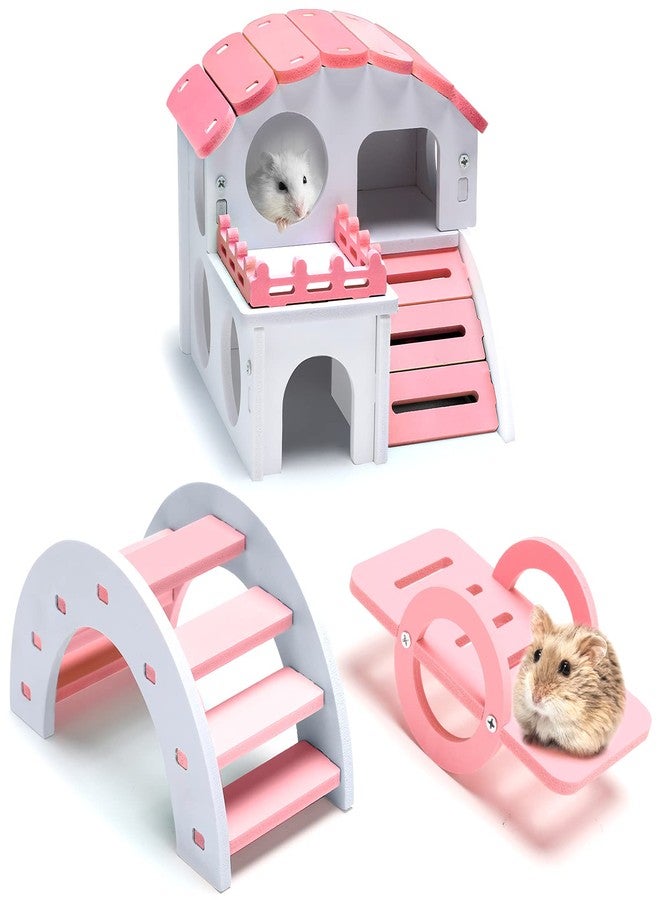 سكايليتي مجموعة ألعاب الهامستر الممتعة من سكايليتي، 3 قطع، تتضمن بيت هامستر خشبي، وجسر قوس قزح، ولعبة أرجوحة هامستر، ألعاب خشبية يمكنك صنعها بنفسك لتمرين الهامستر الصغير والفئران والجرذان والحيوانات الأليفة الأخرى (وردي، صغير). - Image 1