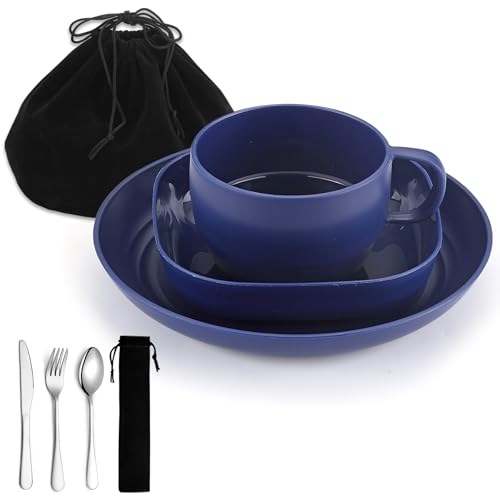 ReaNea Camping Utensils Set, ReaNea Camping Plates and Bowls Set with Coffee Mug, Travel Cutlery Set Include Spoon, Fork, Knife for Home, Poolside, Outdoor, Picnic, Camp - Image 1