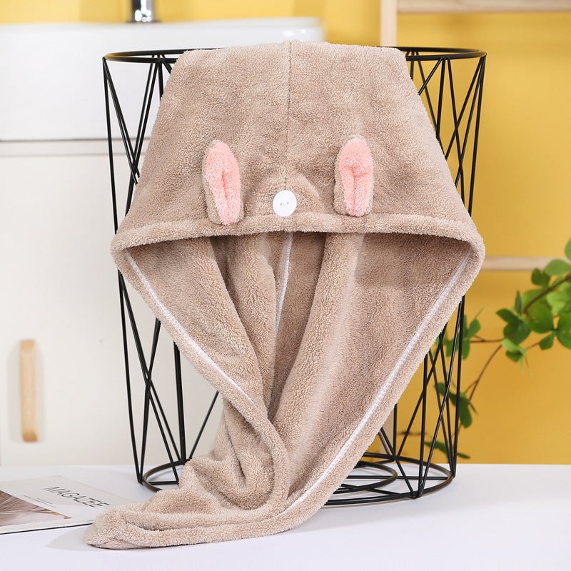 Generic Cute Cartoon Rabbit Ears Coral Fleece Hair Drying Cap Khaki 