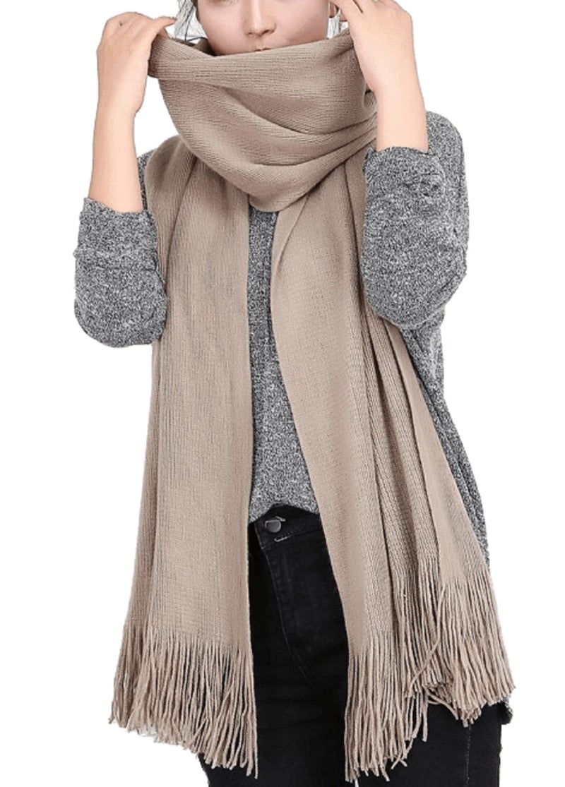 Wander Agio Womens Warm Long Shawl Winter Long Scarfs Large Scarf Pure Color Tassel Khaki - Image 1