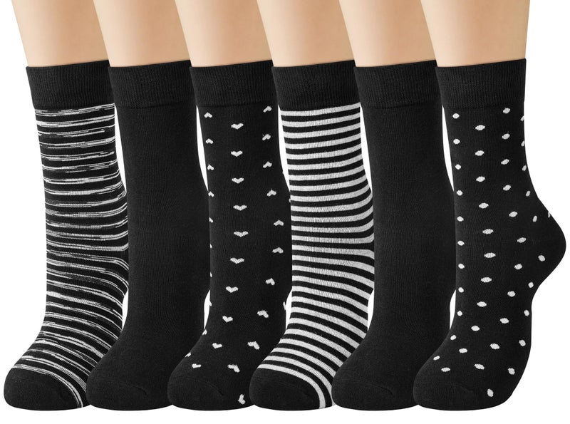 Darller 6 Pairs Womens Cotton Crew Socks, Casual Soft Calf Dress Socks Heart Striped Pattern, Black with Striped Dots Heart Patterns - Image 1