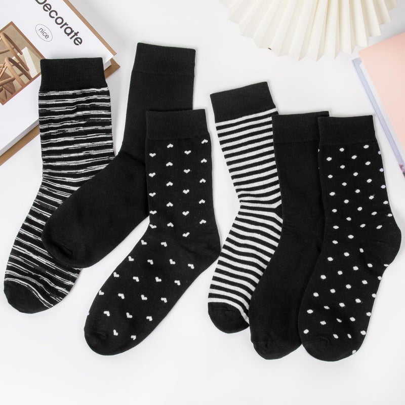 Darller 6 Pairs Womens Cotton Crew Socks, Casual Soft Calf Dress Socks Heart Striped Pattern, Black with Striped Dots Heart Patterns - Image 2