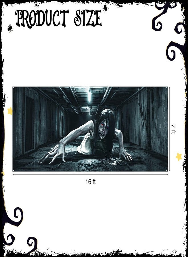 Bunny Chorus Halloween Garage Door Cover Decorations, 7 x 16 Ft Large Garage Door Halloween Cover, Scary Female Ghost with Bloody Eyes Garage Buddy Halloween Outdoor for Wall Yard Outside Decor - Image 2