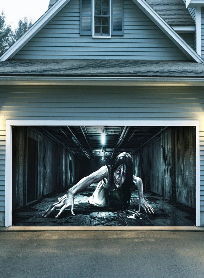 Bunny Chorus Halloween Garage Door Cover Decorations, 7 x 16 Ft Large Garage Door Halloween Cover, Scary Female Ghost with Bloody Eyes Garage Buddy Halloween Outdoor for Wall Yard Outside Decor - Image 1