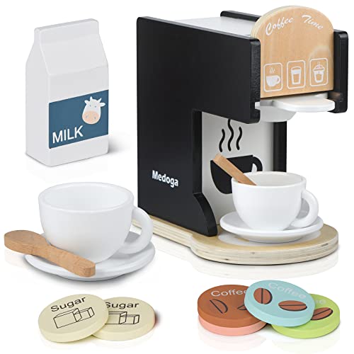 medoga Play Kitchen Accessories Kids Wooden Coffee Maker Toy Espresso Machine Toddler Toy Kitchen Sets for Girls and Boys Coffee Maker Black - Image 1