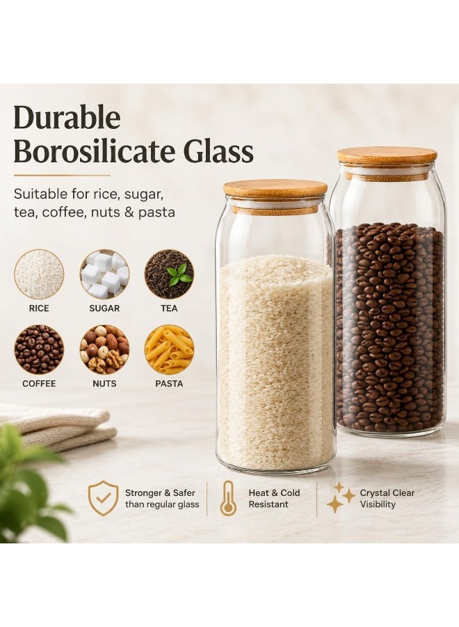 BLACKSTONE Glass Pantry Storage Jars With Airtight Bamboo Lid For Rice Coffee Sugar Pasta Nuts YK423 (2Pcs, 1000ML Each) - Image 3