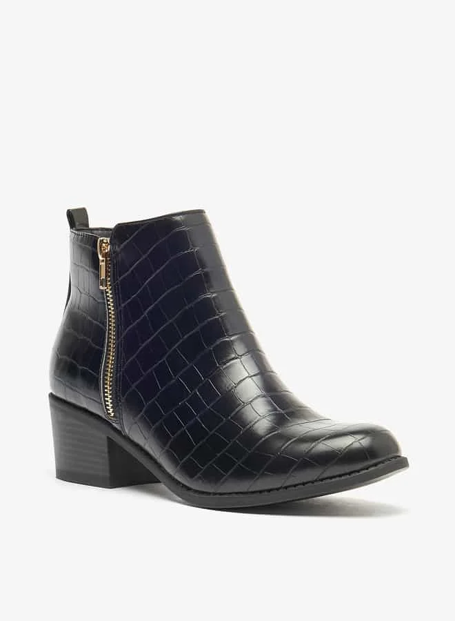 Flora Bella By Shoexpress Women Textured Ankle Boots with Zip Closure and Block Heels
