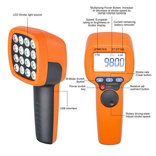 BTMETER Handheld Stroboscope 60~99999 RPM, Digital Strobe Light Tachometer BT-DT10S, Estroboscopio Non Contact Motor Engine Speed Analyzer Measure Hz Velocity w/High Accuracy 0.001% - Image 2