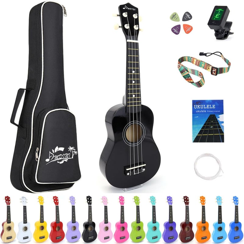Amdini 21 Inch Ukulele for Beginners Basswood Soprano Ukelele Kit for Kids Adult Student Starter Mini Guitar Ukalelee Pack Bundle with Book Gig Bag Tuner Strap Picks Nylon Strings (Black) - Image 1
