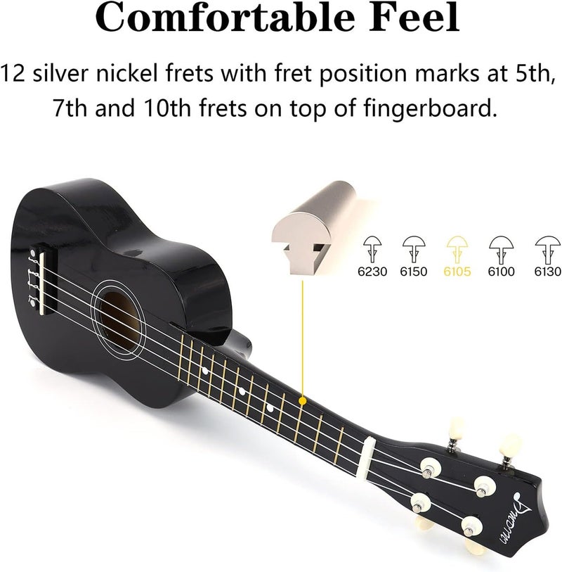 Amdini 21 Inch Ukulele for Beginners Basswood Soprano Ukelele Kit for Kids Adult Student Starter Mini Guitar Ukalelee Pack Bundle with Book Gig Bag Tuner Strap Picks Nylon Strings (Black) - Image 5