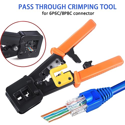 PETECHTOOL RJ45 Crimp Tool Ethernet Crimper for RJ45 Cat6 Cat5 Cat5e Pass Through Connectors and RJ12 Plug Ends with 50PCS Cat6 Connectors, Ethernet Cable Tester and Mini Wire Stripper - Image 4