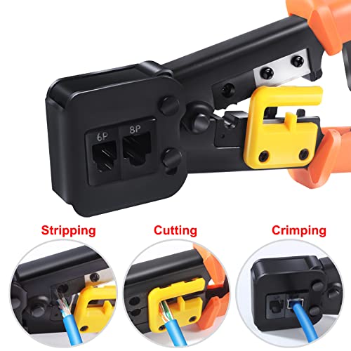 PETECHTOOL RJ45 Crimp Tool Ethernet Crimper for RJ45 Cat6 Cat5 Cat5e Pass Through Connectors and RJ12 Plug Ends with 50PCS Cat6 Connectors, Ethernet Cable Tester and Mini Wire Stripper - Image 2