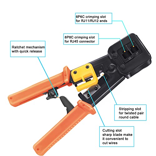 PETECHTOOL RJ45 Crimp Tool Ethernet Crimper for RJ45 Cat6 Cat5 Cat5e Pass Through Connectors and RJ12 Plug Ends with 50PCS Cat6 Connectors, Ethernet Cable Tester and Mini Wire Stripper - Image 3