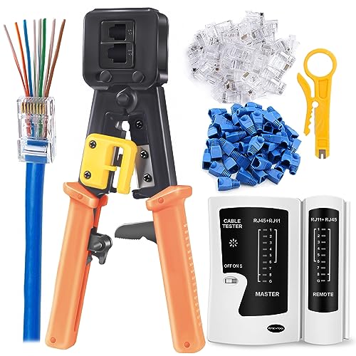 PETECHTOOL RJ45 Crimp Tool Ethernet Crimper for RJ45 Cat6 Cat5 Cat5e Pass Through Connectors and RJ12 Plug Ends with 50PCS Cat6 Connectors, Ethernet Cable Tester and Mini Wire Stripper - Image 1