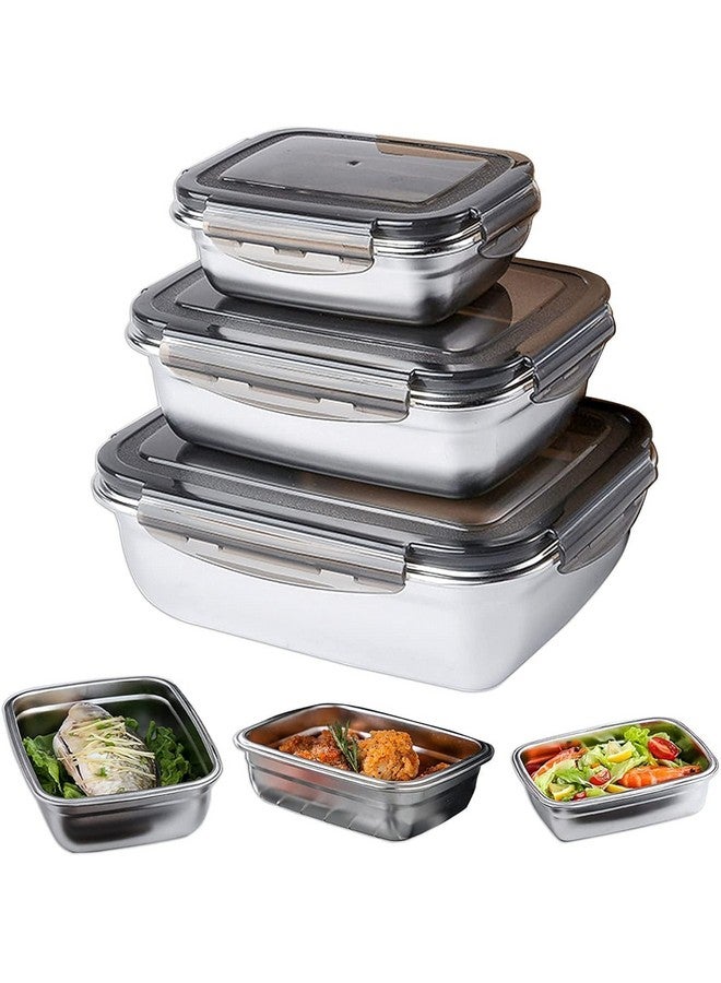 Femora High Alloy Steel Rectangle Airtight Leakproof Container with Lock Lid for Office (350ml, 550ml, 850ml, Silver) - Set of 3 - Image 1