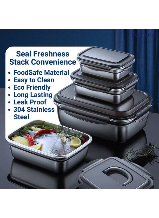 Femora High Alloy Steel Rectangle Airtight Leakproof Container with Lock Lid for Office (350ml, 550ml, 850ml, Silver) - Set of 3 - Image 4