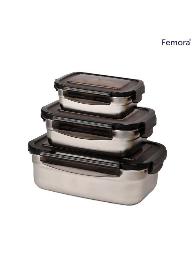 Femora High Alloy Steel Rectangle Airtight Leakproof Container with Lock Lid for Office (350ml, 550ml, 850ml, Silver) - Set of 3 - Image 2