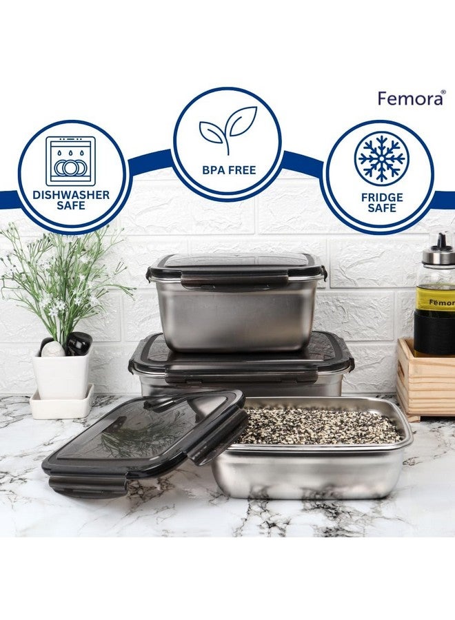 Femora High Alloy Steel Rectangle Airtight Leakproof Container with Lock Lid for Office (350ml, 550ml, 850ml, Silver) - Set of 3 - Image 3