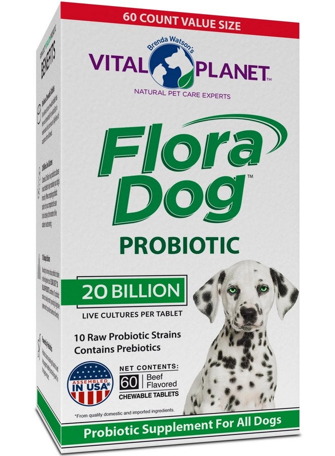 Vital Planet - Flora Dog Probiotic Chewable Tablets Supplement with 20 Billion Cultures and 10 Strains, High Potency Immune and Digestive Support Probiotics for Dogs, 60 Beef Flavored Chewable Tablets - Image 1