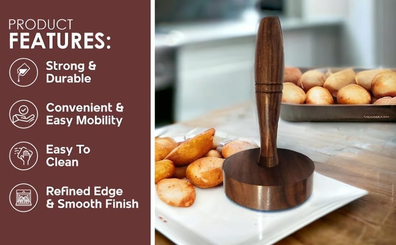 NOHUNT Handmade Mango Wood Kitchen Tool, Hand Masher, Roti Sekni/Sekhni, Wooden Chapati Press, Traditional Roti Fluffer for Cooking, Easy to Use, Perfect for Fluffy Paranthas (Set of 2) - Image 4