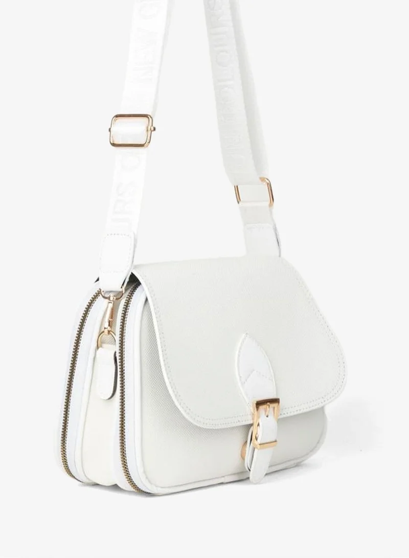 Women's Yonca White 4-Pocket Lid Column Shoulder Strap Zipper and Snap Closure Handheld and Shoulder Bag.
