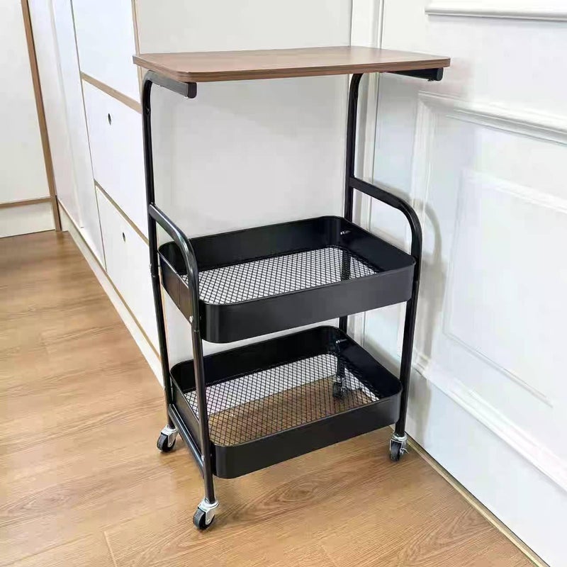 3 - Tier Rolling Utility Cart with Wooden Table, Portable Multi - Purpose Organizer and Storage Cart with 2 Mesh Baskets and Wheels for Home, Kitchen, Office, Kids Room