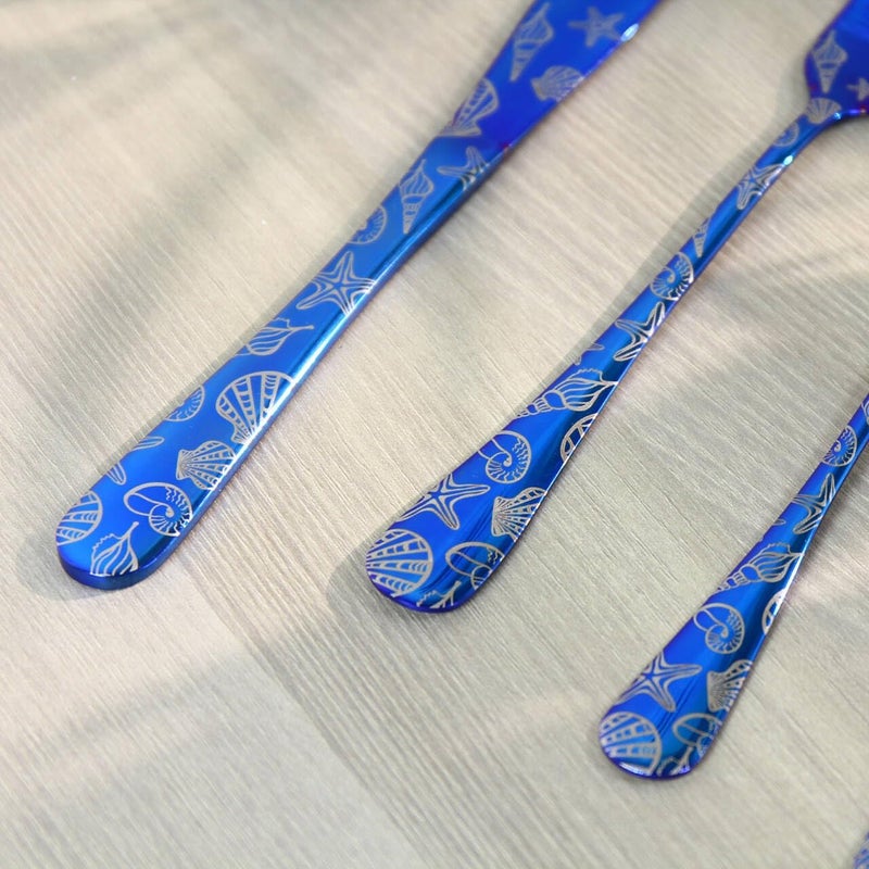 DECFINE 20 Pieces Stainless Steel Flatware Set for 4 People Knives Forks Spoons Set, Nautical Coast Seashell Pattern Design, Mirror Polish and Dishwasher Safe Blue Silverware Set (20, Blue-Seashell) - Image 3