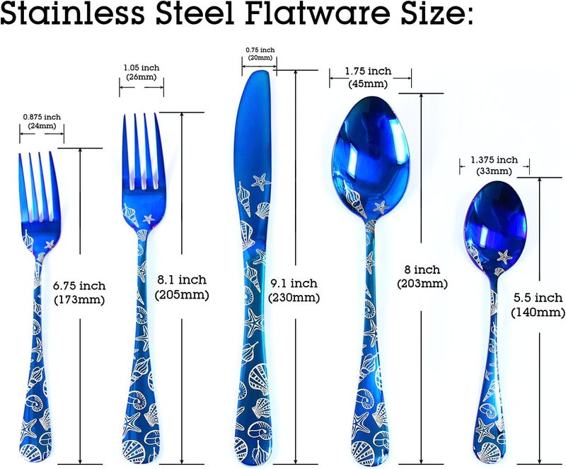 DECFINE 20 Pieces Stainless Steel Flatware Set for 4 People Knives Forks Spoons Set, Nautical Coast Seashell Pattern Design, Mirror Polish and Dishwasher Safe Blue Silverware Set (20, Blue-Seashell) - Image 2