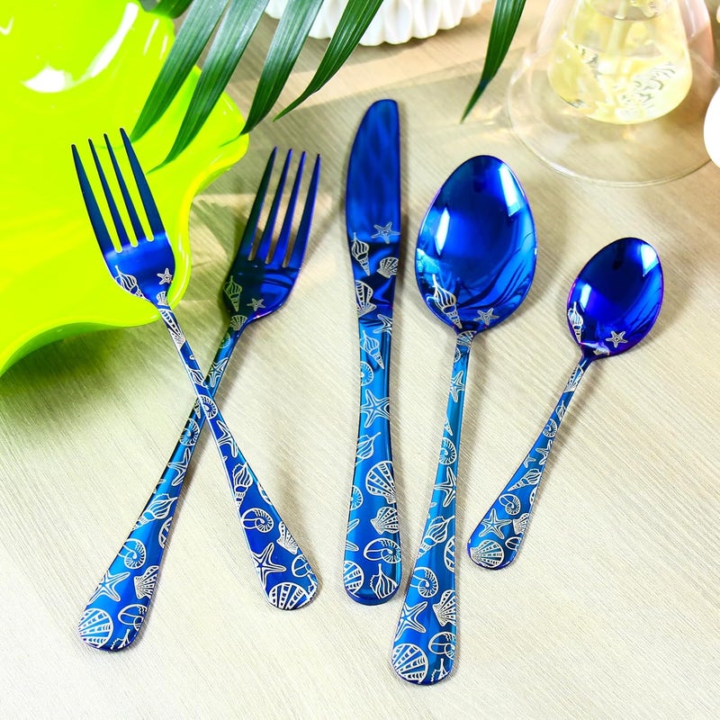 DECFINE 20 Pieces Stainless Steel Flatware Set for 4 People Knives Forks Spoons Set, Nautical Coast Seashell Pattern Design, Mirror Polish and Dishwasher Safe Blue Silverware Set (20, Blue-Seashell) - Image 1