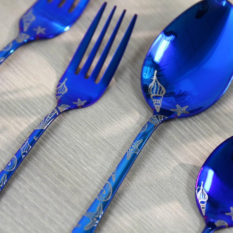 DECFINE 20 Pieces Stainless Steel Flatware Set for 4 People Knives Forks Spoons Set, Nautical Coast Seashell Pattern Design, Mirror Polish and Dishwasher Safe Blue Silverware Set (20, Blue-Seashell) - Image 4