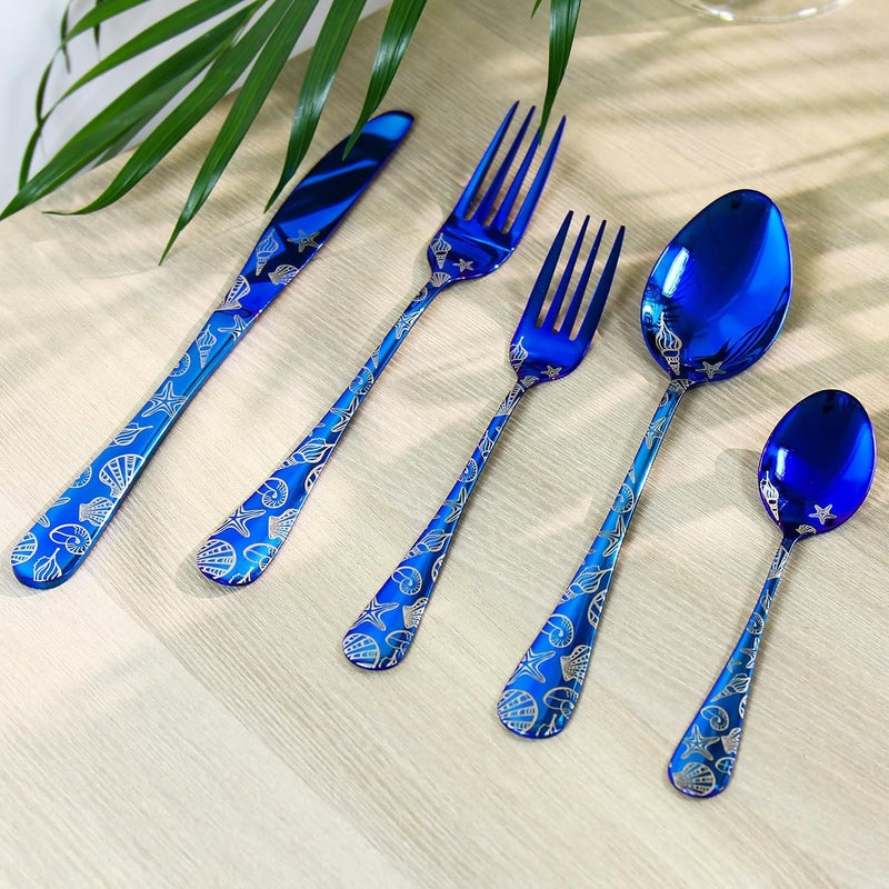 DECFINE 20 Pieces Stainless Steel Flatware Set for 4 People Knives Forks Spoons Set, Nautical Coast Seashell Pattern Design, Mirror Polish and Dishwasher Safe Blue Silverware Set (20, Blue-Seashell) - Image 5