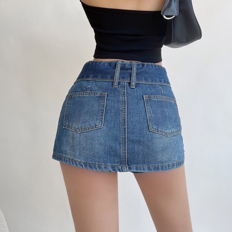 American Style Anti-Dusk Skirt Women'S Ins Trendy High Waist Denim Skirt Spice Girl A- Line Retro Hip Super Shorts Skirt - Image 5