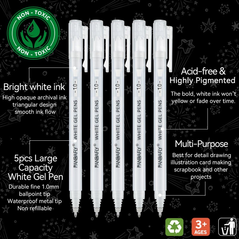 PANDAFLY White Gel Pens, 1 mm Extra Fine Point Gel Ink Pens, Opaque Archival Ink Pens for Black Paper Drawing, Sketching, Card Making, White Gel Pen for Art Highlight & Artists Drawing, 5 Pack - Image 3