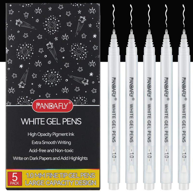 PANDAFLY White Gel Pens, 1 mm Extra Fine Point Gel Ink Pens, Opaque Archival Ink Pens for Black Paper Drawing, Sketching, Card Making, White Gel Pen for Art Highlight & Artists Drawing, 5 Pack - Image 1
