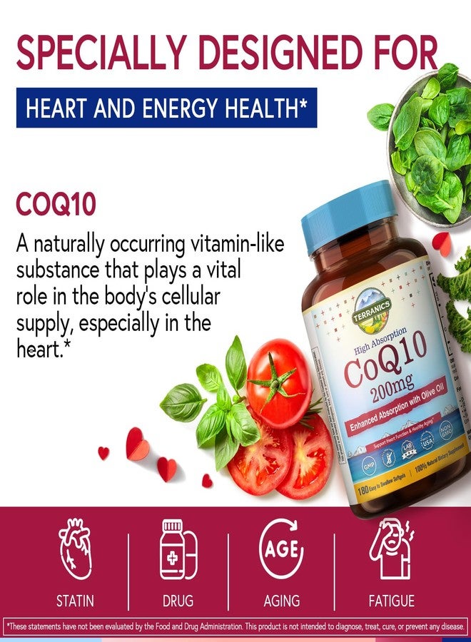 Terranics CoQ10 200mg, Coenzyme Q10 with Extra Virgin Olive Oil for High Absorption, No Gluten, Non-GMO, for Heart Health, Energy, Antioxidant Capacity, 180 Softgels, 6 Month Supply, Made in USA - Image 5