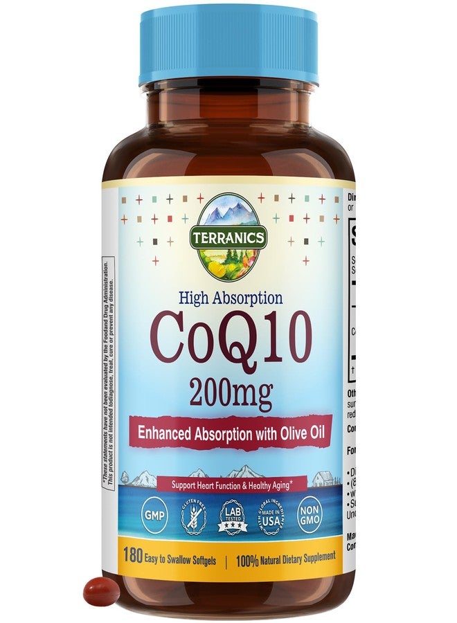 Terranics CoQ10 200mg, Coenzyme Q10 with Extra Virgin Olive Oil for High Absorption, No Gluten, Non-GMO, for Heart Health, Energy, Antioxidant Capacity, 180 Softgels, 6 Month Supply, Made in USA - Image 1