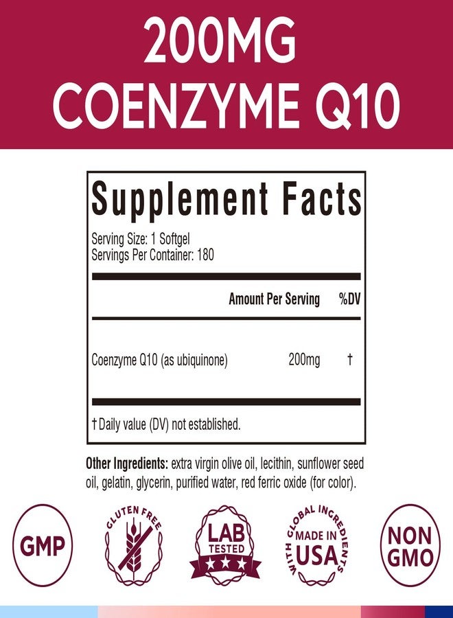 Terranics CoQ10 200mg, Coenzyme Q10 with Extra Virgin Olive Oil for High Absorption, No Gluten, Non-GMO, for Heart Health, Energy, Antioxidant Capacity, 180 Softgels, 6 Month Supply, Made in USA - Image 2