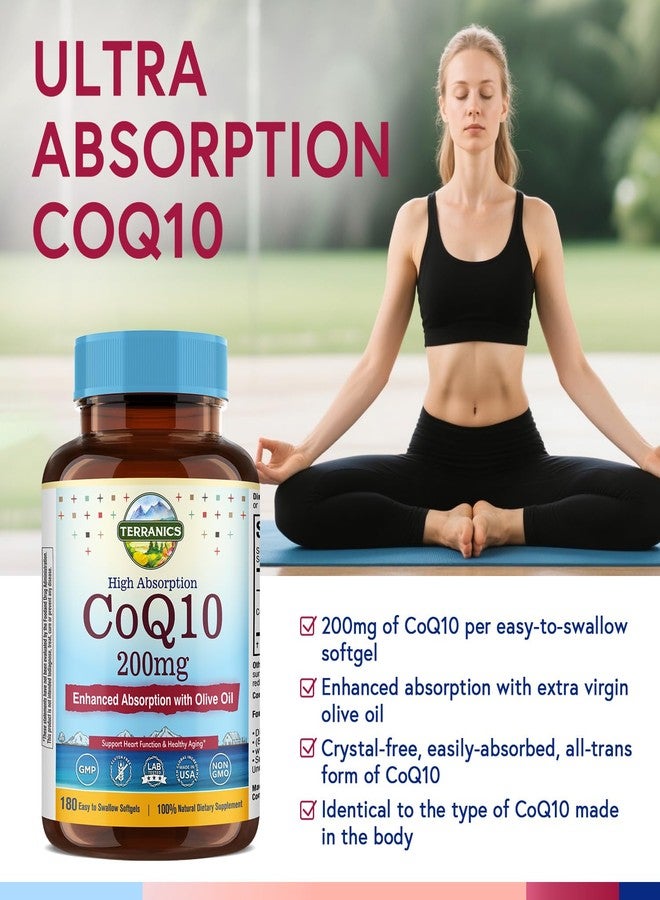 Terranics CoQ10 200mg, Coenzyme Q10 with Extra Virgin Olive Oil for High Absorption, No Gluten, Non-GMO, for Heart Health, Energy, Antioxidant Capacity, 180 Softgels, 6 Month Supply, Made in USA - Image 3