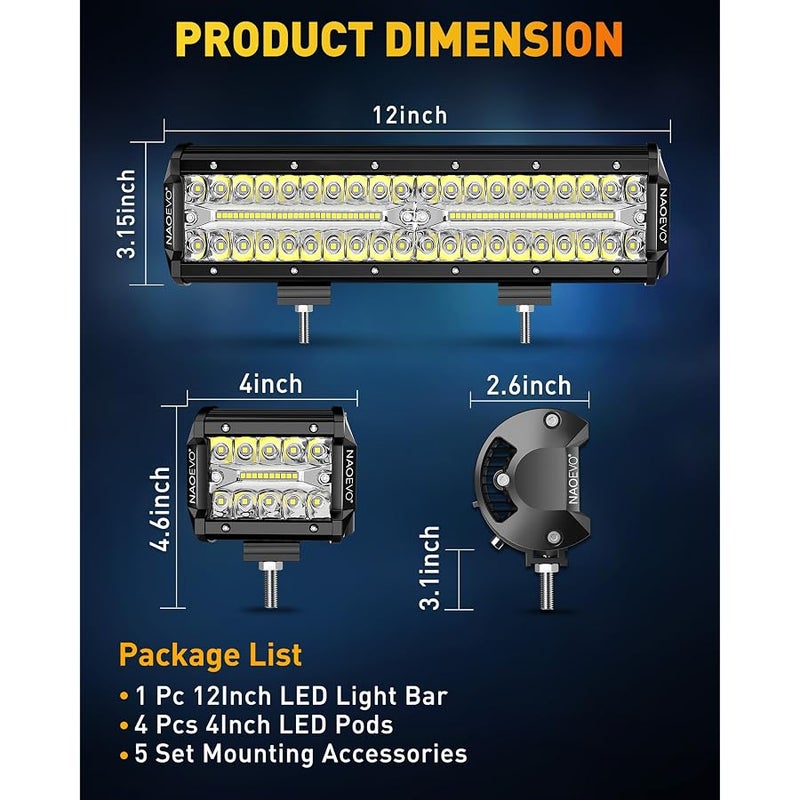 ناوايفو ناويفو شريط اضاءة LED 12 انش و4 قطع 4 انش، مصابيح LED 54000 لومن للضباب/القيادة/الطرق الوعرة، شريط اضاءة LED ثلاثي الصفوف للشاحنة والسيارات UTV ATV والقارب، ضمان لمدة عام - Image 5