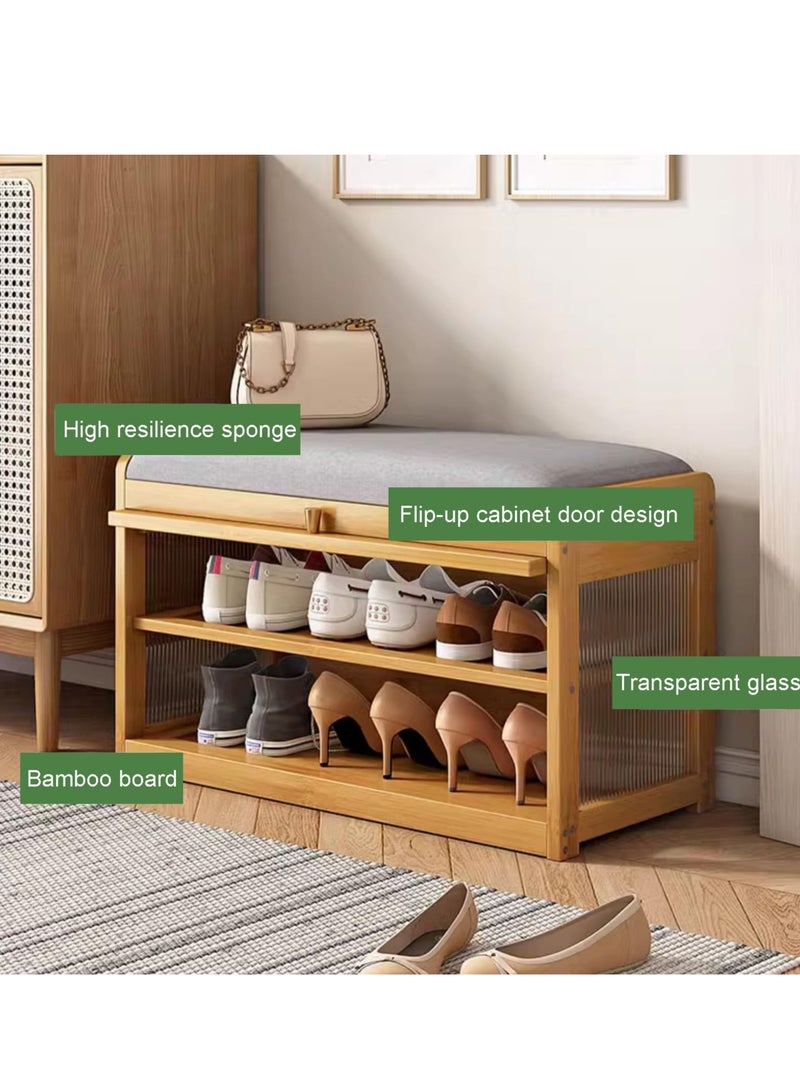 XiuWoo Bamboo Shoe Rack Bench with Cushioned Seat, Bamboo Shoe Rack Organizer with Flip Doors, Free Standing Storage Organizer for Entryway, Bedroom, Living Room - Image 4