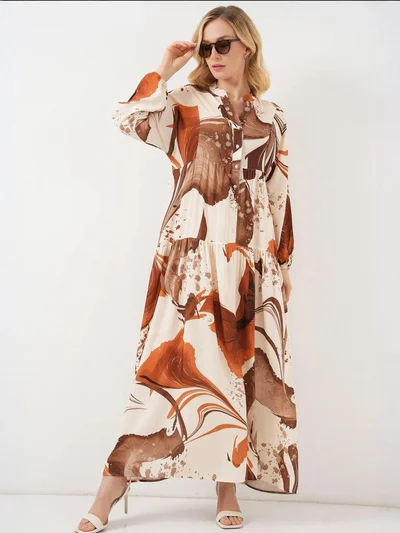 BIG DART BDART Printed V-Neck Maxi Dress with Button Closure