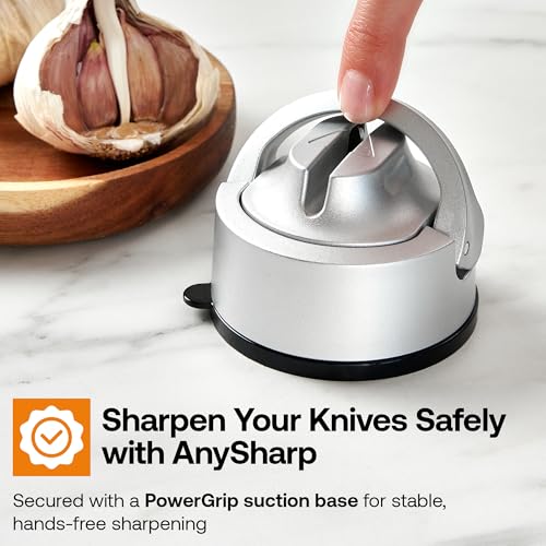 AnySharp – Evo – Hands Free Knife Sharpener - Easy to Use Sharpening Tool with Improved PowerGrip Suction Base and 20-Deg Pre-Set Angle - for All Knives: Chef's, Serrated, and Hardened Steel - Silver - Image 4